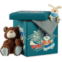 Relaxdays - Sgabello Pieghevole per Bambini, Portagiochi Salvaspazio per la Cameretta con Orsetto 38x38x38 cm, Multicolore