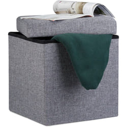 Pouf Pieghevole Con Contenitore, Sgabello a di Cubo, Lino, Coperchio Rimovibile, 38x38x38 cm, Grigio Scuro - Relaxdays