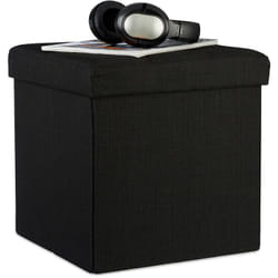 Pouf Pieghevole Con Contenitore, Sedia Sgabello a Forma di Cubo, Lino, Coperchio Rimovibile, 38x38x38 cm, Nero - Relaxdays