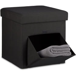 Pouf Pieghevole con Contenitore, 38x38x38 cm, Lino, Sgabello Quadrato, Coperchio Rimovibile, Poggiapiedi, Nero - Relaxdays