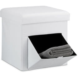 Pouf Pieghevole con Contenitore, 38x38x38 cm, Lino, Sgabello Quadrato Coperchio Rimovibile Poggiapiedi, Bianco - Relaxdays