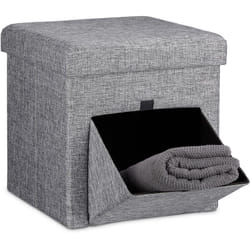 Pouf Pieghevole con Contenitore, 38x38x38 cm, Lino, Sgabello Quadrato Coperchio Rimovibile Poggiapiedi, Grigio - Relaxdays