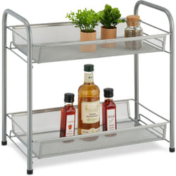 Relaxdays - Scaffale Portaspezie a 2 Ripiani, Organizer Tavolo Cucina o Mensola Bagno per Make-Up, in Metallo, Argentato