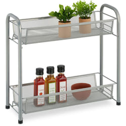 Relaxdays - Scaffale Portaspezie a 2 Ripiani, Organizer da Tavolo da Cucina o Mensola Bagno Make-Up, in Metallo, Argentato