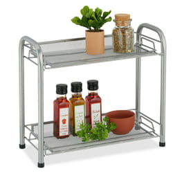 Relaxdays - Scaffale Portaspezie a 2 Ripiani, Organizer da Tavolo Cucina o Mensola Bagno per Makeup, in Metallo, Argentato