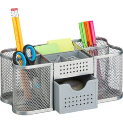Relaxdays - Organizer da Scrivania Ufficio, Scomparti Portapenne e Cassetto Cancelleria, 10x23,5x11,5 cm, Acciaio, Argento