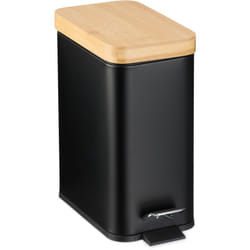 Relaxdays - Pattumiera Bagno a Pedale da 5 l, Cestino Cosmetici, Cesto Interno Rimovibile, Bidone in Ferro e Bambù, Nero