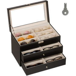 Porta Occhiali Multiplo, Scatola per 18 Paia, Espositore con Cassetti, HxLxP 22,5 x 33,5 x 19 cm, Nero - Relaxdays