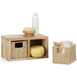 Mobile a Parete in Legno di Noce, con 2 Ceste Portaoggetti Estraibili, Scaffale, Mensola a Muro, Naturale - Relaxdays