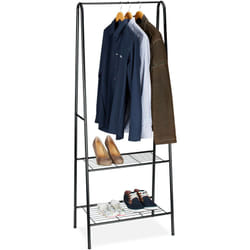 Appendiabiti con Scarpiera, HxLxP: 160 x 61,5 x 38 cm, Attaccapanni Metallo Ripiano Portascarpe Ganci, Nero - Relaxdays