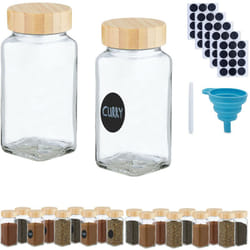 Relaxdays - Barattoli Spezie, Set di 20 Vasetti Vetro 120 ml, Contenitori con Coperchio in Bambù, con Etichette e Imbuto