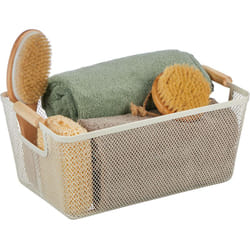 Relaxdays - Cestino Portaoggetti in Metallo con Manici in Legno, Rettangolare, Cesto Metallico 16,5 x 37 x 22,5 cm, Bianco