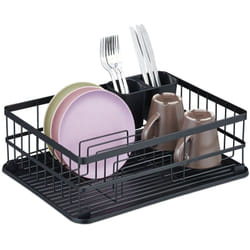 Relaxdays - Scolapiatti per Lavello, Cola Piatti con Vaschetta Raccogligocce, Tazze, Porta Posate, hlp 15x42,5x32 cm, Nero