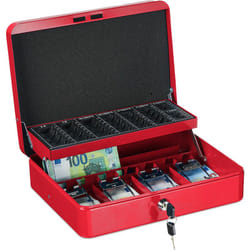 Relaxdays - Cassetta di Sicurezza per Soldi, con Scomparto per Monete e 4 Vani per Banconote, 8,5x30,5x24,5 cm, Rosso