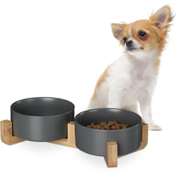Relaxdays Ciotole Rialzate per Cani, Alzatina in Bambù, Scodelle in Ceramica, Cibo o Acqua, 850 ml, 9x32x17 cm, Grigio