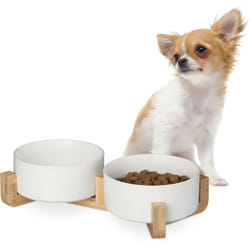 Relaxdays - Ciotole Rialzate per Cani, Alzatina in Bambù, Scodelle in Ceramica, Cibo o Acqua, 850 ml, 9x32x17 cm, Bianco