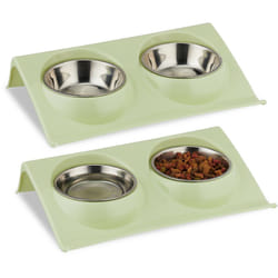 Relaxdays Ciotole Rialzate per Gatti, Set da 2, Doppie Scodelle da 150 ml, Cibo e Acqua, 6,5x29x19 cm, Plastica, Verde