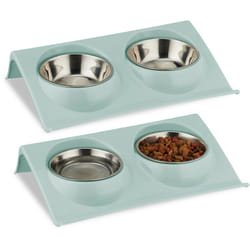 Relaxdays - Ciotole Rialzate per Gatti, Set da 2, Doppie Scodelle da 150 ml, Cibo e Acqua, 6,5x29x19 cm, Plastica, Blu