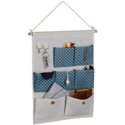 Organizer da Parete, 7 Tasche in Stoffa Portaoggetti, 2 Ganci Portachiavi, Ingresso, HxL: 60x39 cm, Crema Blu - Relaxdays