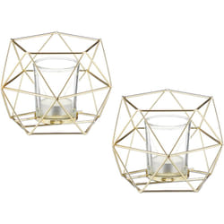 Relaxdays - Portacandele, Set da 2, Metallo, Design Geometrico, HxLxP: 10 x 13 x 12 cm, con Contenitore in Vetro, Dorato
