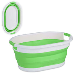 Relaxdays - Cesto Portabiancheria Pieghevole, 36 Litri, Contenitore Salvaspazio in Plastica con Impugnature, Verde Bianco