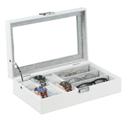 Relaxdays Portagioie, Cofanetto per Gioielli, Occhiali, Orologi, Similpelle, Coperchio Trasparente, 9x33x20,5 cm, Bianco