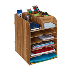 Relaxdays - Organizer da Scrivania, Portapenne e Portadocumenti, 12 Scomparti, hlp: 34,5x25x32 cm, in mdf, Marrone Scuro