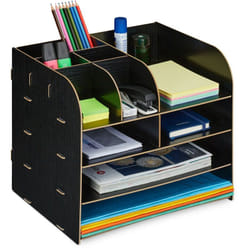 Relaxdays - Organizer da Scrivania con Portadocumenti, 10 Scomparti, hlp: 27,5x32,5x25 cm, Contenitore in mdf, Nero