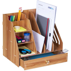 Relaxdays - Organizer da Scrivania, 3 Cassetti, 3 Ripiani, 2 Portapenne, 1 Cassetto, Ufficio e Scuola, diy, mdf, Marrone
