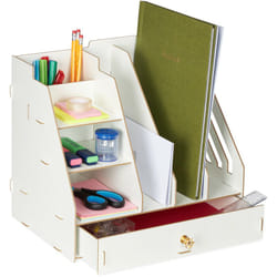 Relaxdays Organizer da Scrivania, 3 Cassetti, 3 Ripiani, 2 Portapenne, 1 Cassetto, Ufficio e Scuola, DIY, MDF, Bianco
