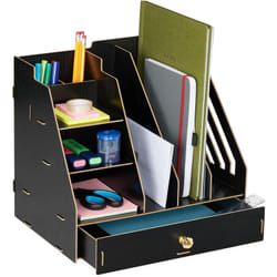 Relaxdays - Organizer da Scrivania, 3 Cassetti, 3 Ripiani, 2 Portapenne, 1 Cassetto, Ufficio e Scuola, diy, mdf, Nero