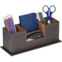 Relaxdays - Organizer da Scrivania Ufficio, 4 Scomparti Porta Matite, Portapenne in Similpelle, hlp 11x29,5x11 cm, Marrone
