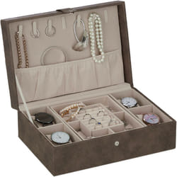 Relaxdays - Portagioie, Organizer per Gioielli, Cofanetto Portabijoux, Similpelle, Comò e Scrivania, 10x29x20 cm, Marrone