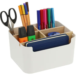 Relaxdays - Organizer da Scrivania, 5 Scomparti, Portatrucchi in Plastica e Legno, Portapenne, 9,5 x 18 x 15 cm, Bianco