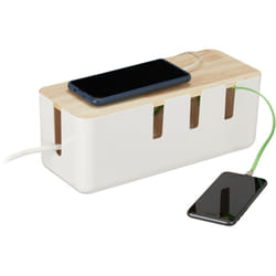 Relaxdays - Porta Cavi Elettrici, Organizer Scrivania per 2 Ciabatte, Legno, Plastica, Cable Box, 11,5x30,5x12,5cm, Bianco