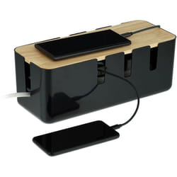 Relaxdays - Porta Cavi Elettrici, Organizer Scrivania per 2 Ciabatte, Legno e Plastica, Cable Box, 11,5x30,5x12,5 cm, Nero
