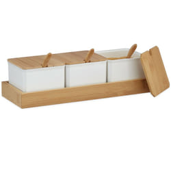 Relaxdays - Contenitori per Spezie in Set da 3, Barattoli in Plastica con Coperchio, Cucchiaini e Vassoio in Bambù, Bianco