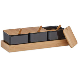 Relaxdays Contenitori per Spezie in Set da 3, Barattoli in Plastica con Coperchio, Cucchiaini e Vassoio in Bambù, Nero