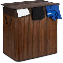 Cesto Portabiancheria Rettangolare, Coperchio, 3 Scomparti Porta Biancheria, 62x62,5x42,5 cm, Bambù, Marrone - Relaxdays