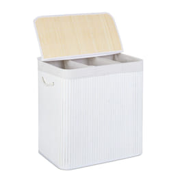Relaxdays - Cesto Portabiancheria Rettangolare, Coperchio, 3 Scomparti Porta Biancheria, 62x62,5x42,5 cm, Bambù, Bianco