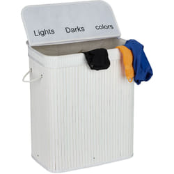 Cesto Portabiancheria, in Bambù, Contenitore con 3 Scomparti da 30 l, Coperchio e Manici, 63x55x35 cm, Bianco - Relaxdays