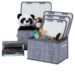 Relaxdays - Set da 5 Ceste Portaoggetti, Coperchio & Chiusura a Strappo, Contenitore in Bambù, Box Salvaspazio, Grigio