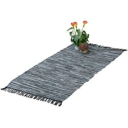 Relaxdays - Tappeto in Cotone e Pelle con Frange, 70 x 140 cm, per Salotto e Camere da Letto, Runner Antiscivolo, Grigio