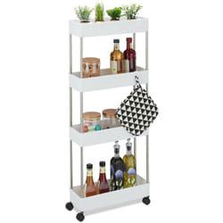 Relaxdays - Mobiletto Salvaspazio, hlp: 98x15,5x40,5 cm, 4 Ripiani, Ganci, Carrello da Bagno e Cucina, Plastica, Bianco