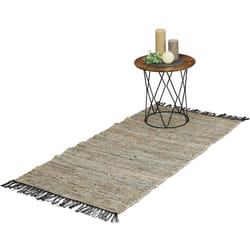 Relaxdays - Tappeto in Cotone e Pelle con Frange, 70 x 140 cm, Passatoia per Salotto, Camera e Camere da Letto, Grigio
