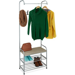 Relaxdays - Stand Appendiabiti, 2 Ripiani Porta Scarpe e Panca, Asta e 4 Appendini, hlp: 173x64x30 cm, Guardaroba, Grigio
