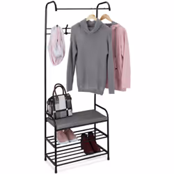 Relaxdays Stand Appendiabiti con 2 Ripiani Porta Scarpe e Panca, Asta e 4 Appendini, HLP: 173x64x30 cm, Guardaroba, Nero, 80% ...