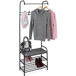 Relaxdays - Stand Appendiabiti con 2 Ripiani Porta Scarpe e Panca, Asta e 4 Appendini, hlp: 173x64x30 cm, Guardaroba, Nero, Poliestere