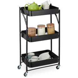 Carrello da Cucina a 3 Ripiani, HxLxP: 77,5 x 45,5 x 29,5 cm, Pieghevole, a Ruote, 4 Ganci, in Metallo, Nero - Relaxdays
