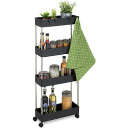 Relaxdays - Mobiletto Salvaspazio, hlp: 98x15,5x40,5 cm, 4 Ripiani, Ganci, Carrello Stretto Bagno e Cucina, Plastica, Nero